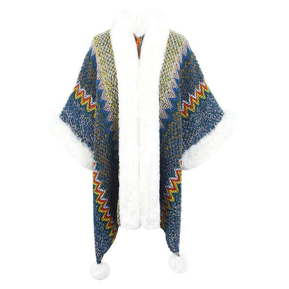 Fur Trimmed Poncho featuring vibrant zigzag patterns and plush white fur trim, perfect for stylish autumn and winter wear.