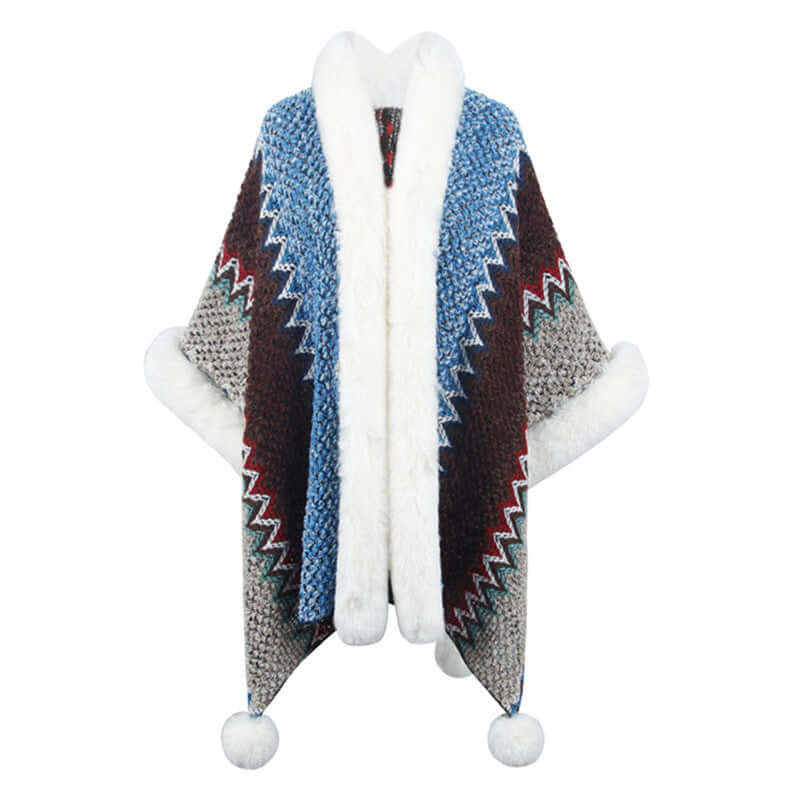Fur Trimmed Poncho featuring vibrant patterns and luxurious faux fur for a stylish autumn look.