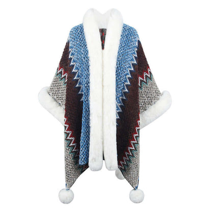 Fur Trimmed Poncho featuring vibrant patterns and luxurious faux fur for a stylish autumn look.