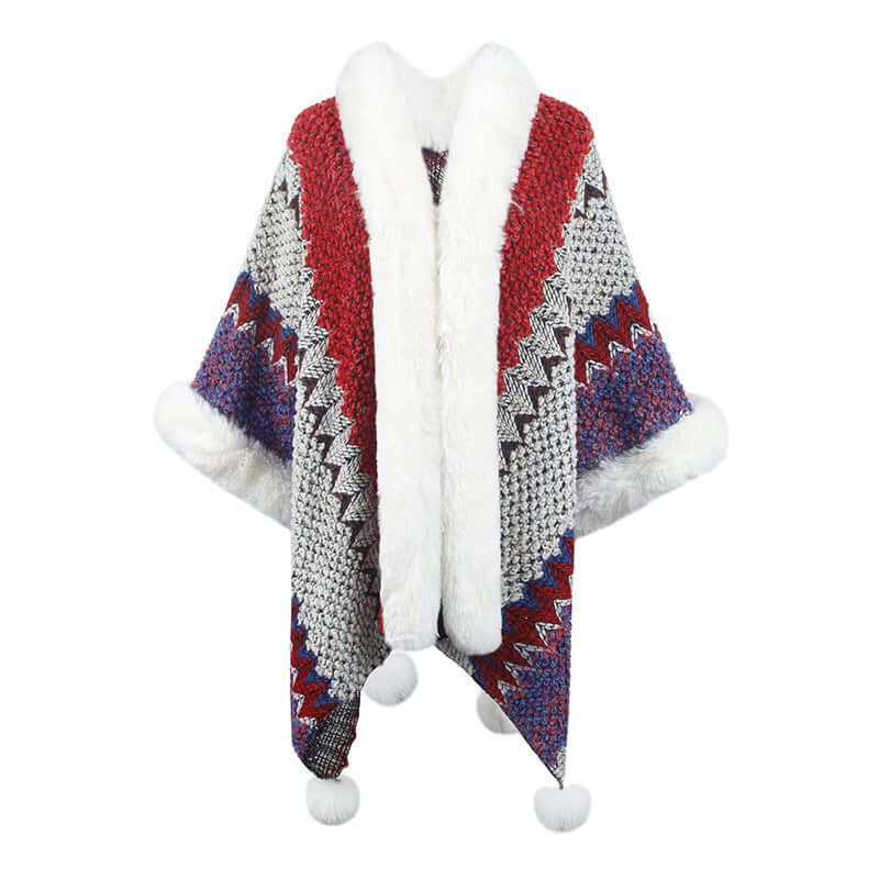 Stylish fur trimmed poncho with vibrant patterns and cozy design, perfect for autumn and winter outfits.