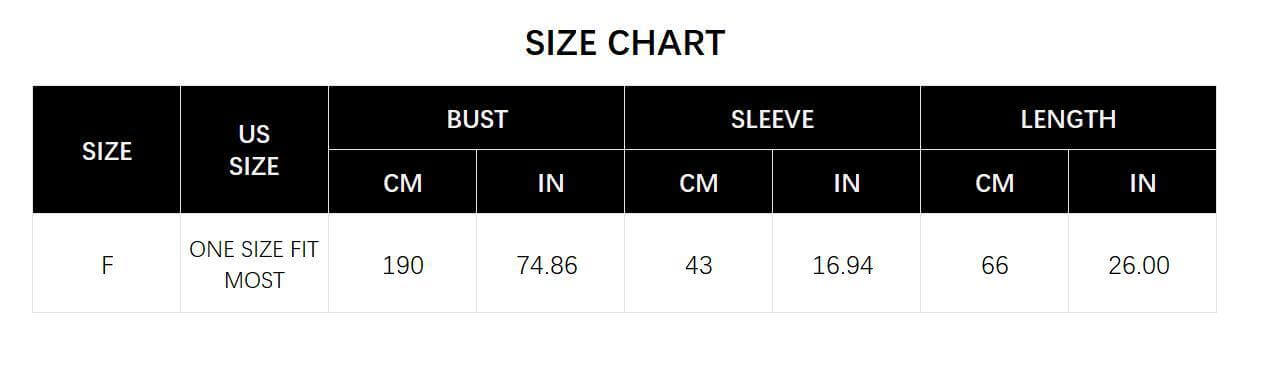 Fur Trimmed Poncho size chart displaying measurements for bust, sleeve, and length in centimeters and inches.