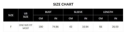 Fur Trimmed Poncho size chart displaying measurements for bust, sleeve, and length in centimeters and inches.
