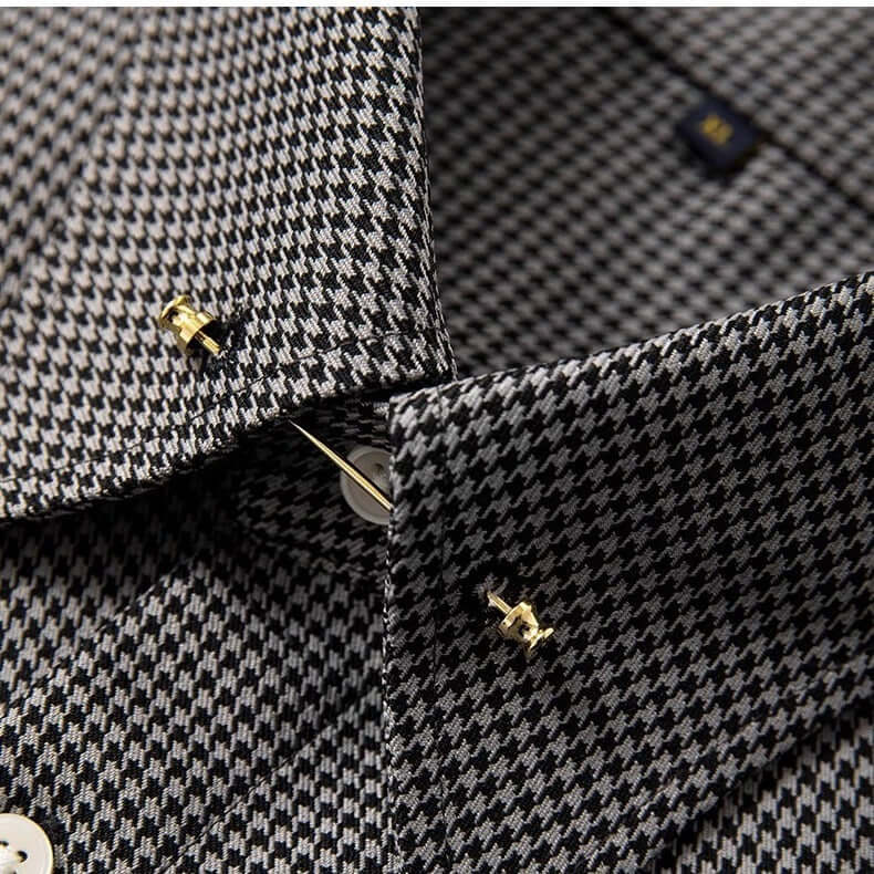 Close-up of Gentleman Plaid Fashion Shirt collar showcasing detailed pattern and buttons for stylish sophistication.
