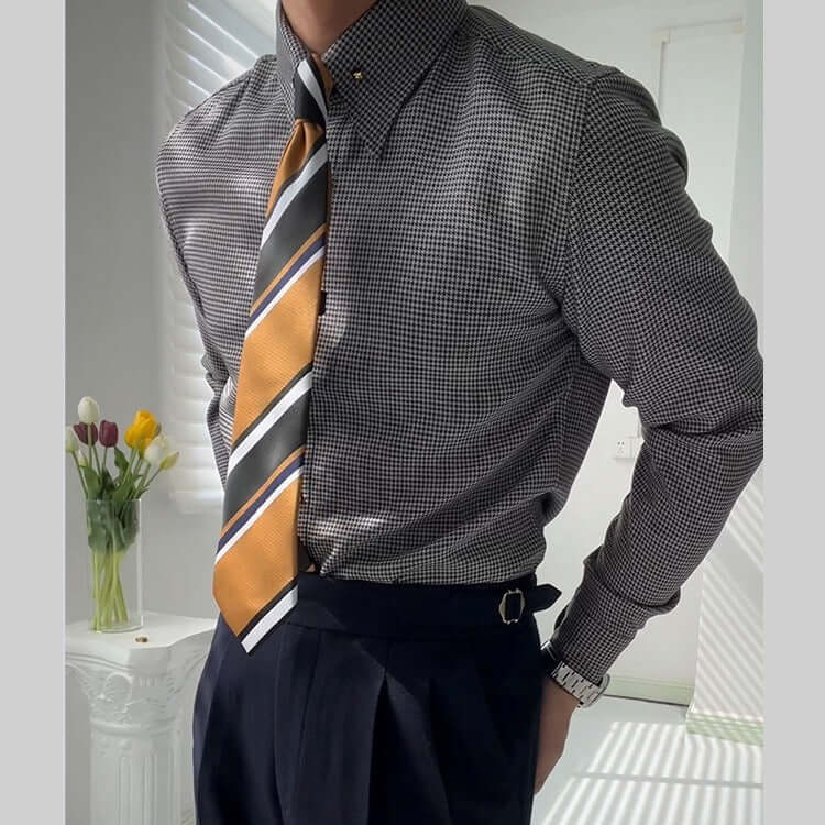 Gentleman Plaid Fashion Shirt paired with a striped tie, ideal for elevating men's style with comfort and sophistication.