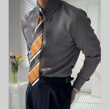 Gentleman Plaid Fashion Shirt paired with a striped tie, ideal for elevating men's style with comfort and sophistication.