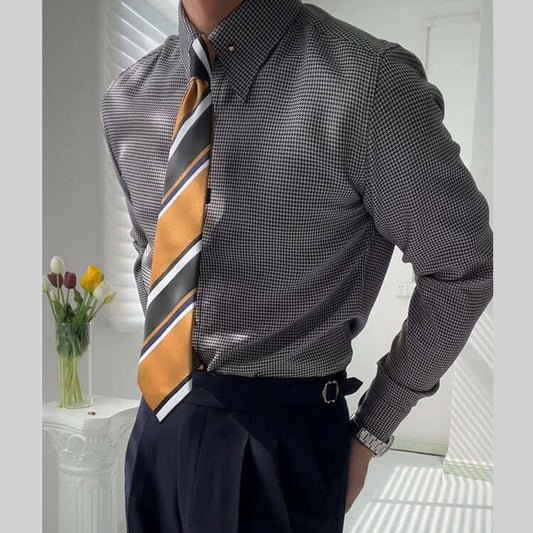 Gentleman Plaid Fashion Shirt paired with a striped tie, ideal for elevating men's style with comfort and sophistication.