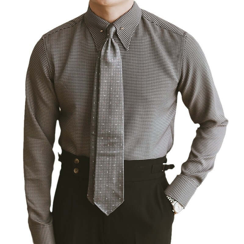 Model wearing Gentleman Plaid Fashion Shirt with tie, showcasing style and sophistication for modern men's wardrobe.
