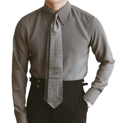 Model wearing Gentleman Plaid Fashion Shirt with tie, showcasing style and sophistication for modern men's wardrobe.