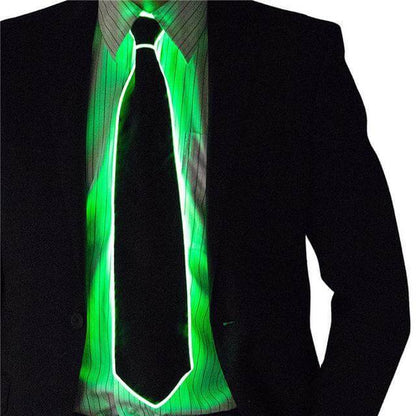 Man wearing a glowing necktie that lights up in green, perfect for parties and events, making a bold fashion statement.