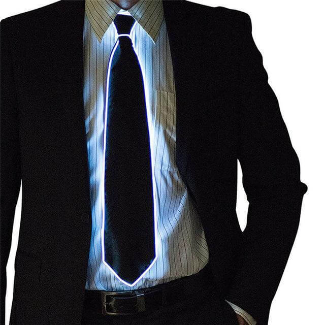 Man wearing a Glowing Necktie, perfect for parties and events, adding a stylish, illuminated touch to festive attire.
