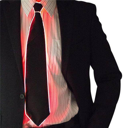 Person wearing a red Glowing Necktie, perfect for parties and events, highlighting innovative lighting design and stylish attire.