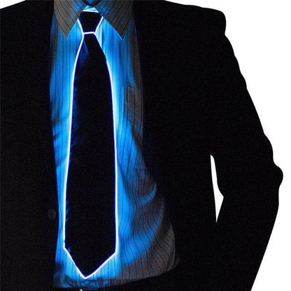 Person wearing a Glowing Necktie at night, highlighting style with a striking blue luminescent design suitable for parties and events.