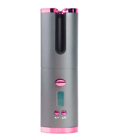 Automatic hair curler device with pink accents, featuring advanced anti-scalding technology and rechargeable battery power.