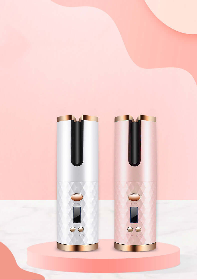 Elegant Hair Curler Automatic devices in pink and white with anti-scalding design, perfect for effortless styling.