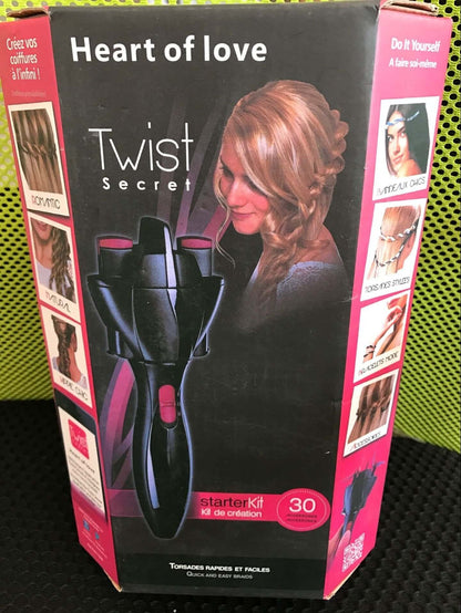 Box packaging for "Twist Secret" hair braiding machine with braid styles and features displayed.