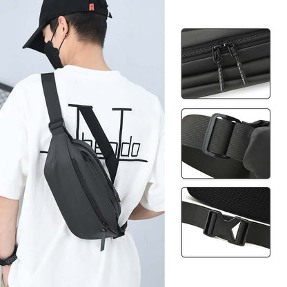 Black high capacity waist bag shown worn by a person, featuring close-up views of zipper and buckle details.