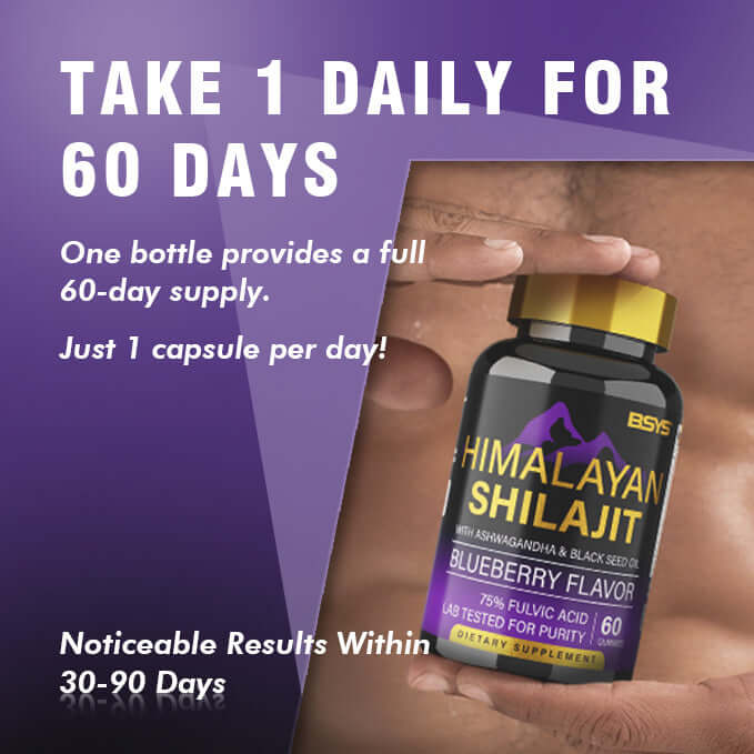 Person holding Himalayan Shilajit Gummies bottle with dosage and benefits highlighted on packaging.