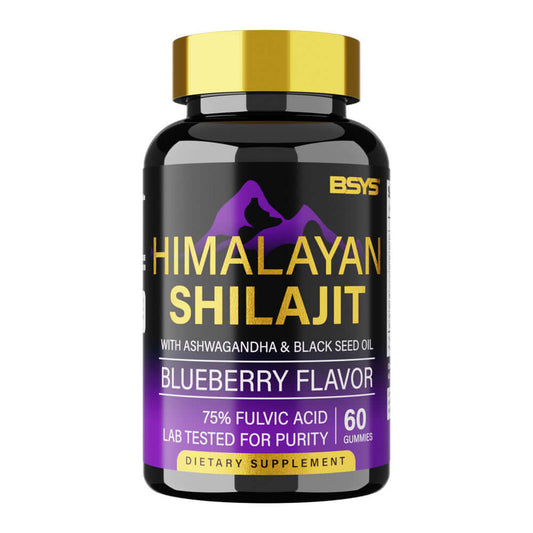 Bottle of Himalayan Shilajit Gummies in blueberry flavor, featuring 75% fulvic acid, with ashwagandha and black seed oil.