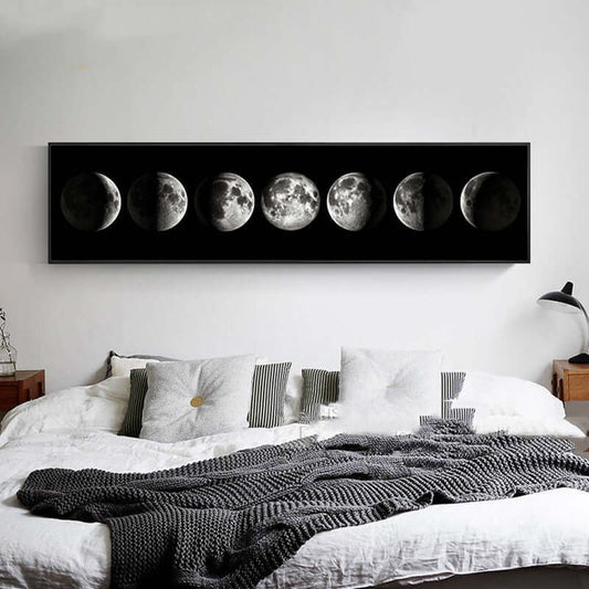 Home Decor Painting featuring a stylish moon phase artwork displayed above a cozy bed.
