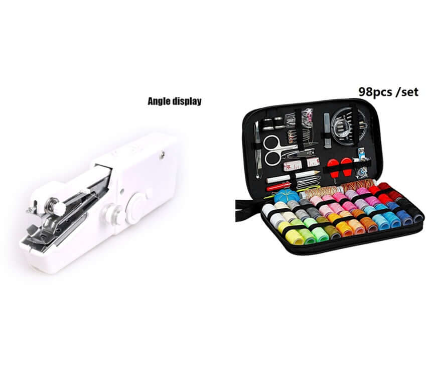 Home Sewing Kit with sewing machine and 98-piece accessory set including threads and tools for all your sewing projects.
