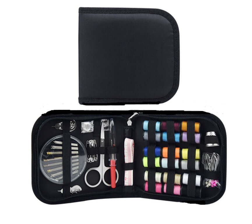 Home Sewing Kit featuring a black zippered case, filled with colorful threads, needles, scissors, and various sewing essentials.