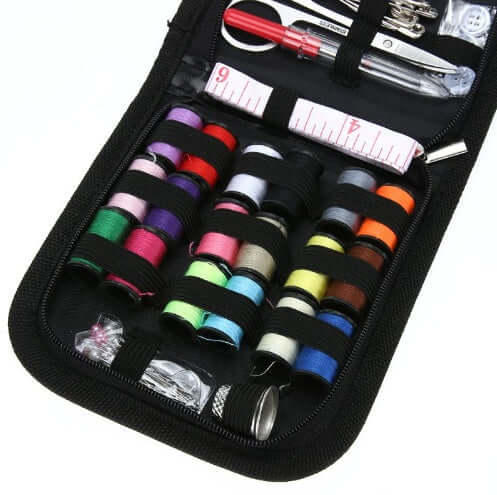 Home Sewing Kit containing various colorful threads, scissors, and measuring tape for all your sewing projects.