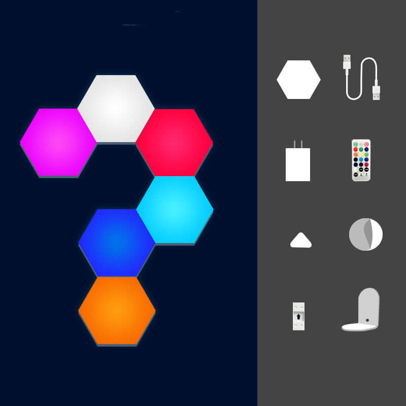 Colorful Honeycomb Bedroom Wall Lamp with hexagonal design and accessories including remote, USB, and wall mounts.