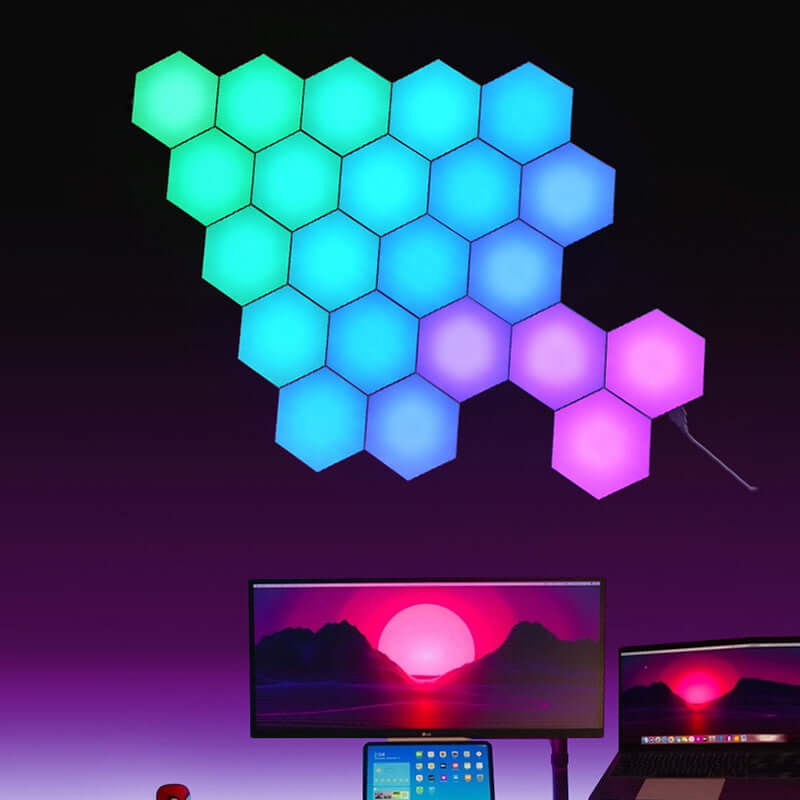 Honeycomb Bedroom Wall Lamp featuring vibrant, colorful hexagon design for modern home decor and ambient lighting.