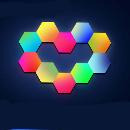 Colorful honeycomb-shaped wall lamp design with vibrant hexagonal lights for modern bedroom decor.