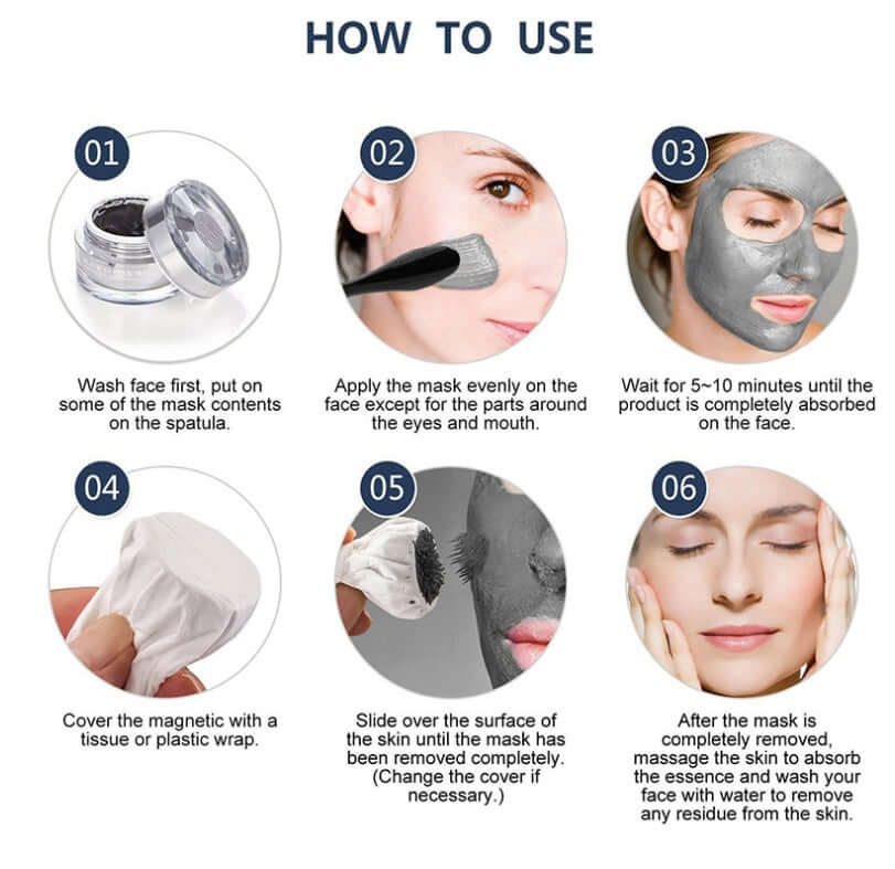 Facial Mud Mask application guide showing steps from applying mask to removing for healthy, rejuvenated skin.