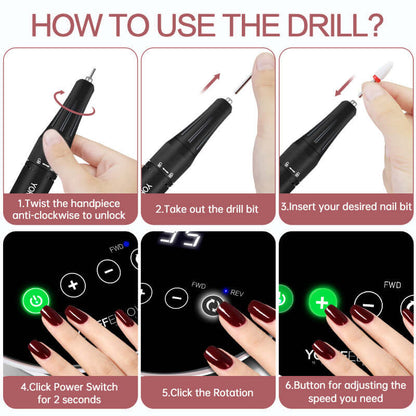 Step-by-step guide on using a nail drill machine with illustrations.