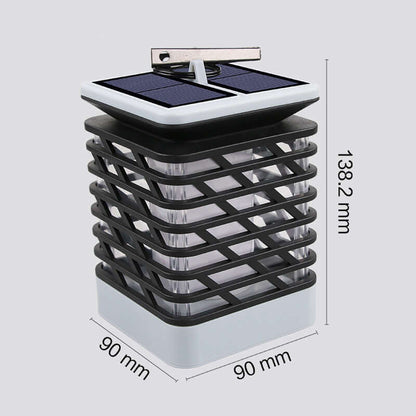 Modern rectangular lantern with solar panel, 138.2 mm height, perfect for outdoor ambiance. Dimensions: 90 mm x 90 mm base.