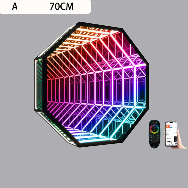 Infinity Led Mirror with multicolored lighting effects, 70CM hexagonal design for modern home decor.