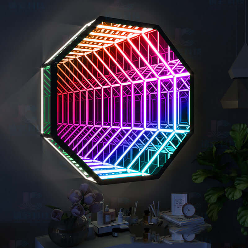 Infinity Led Mirror featuring a vibrant, multi-colored hexagonal design that enhances modern home decor.