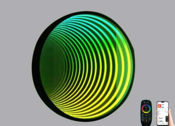 Infinity LED Mirror showcasing dynamic color transitions, enhancing home decor with modern design.