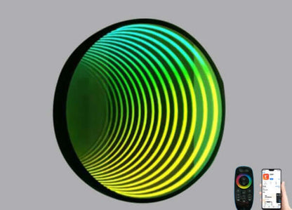 Infinity LED Mirror showcasing dynamic color transitions, enhancing home decor with modern design.