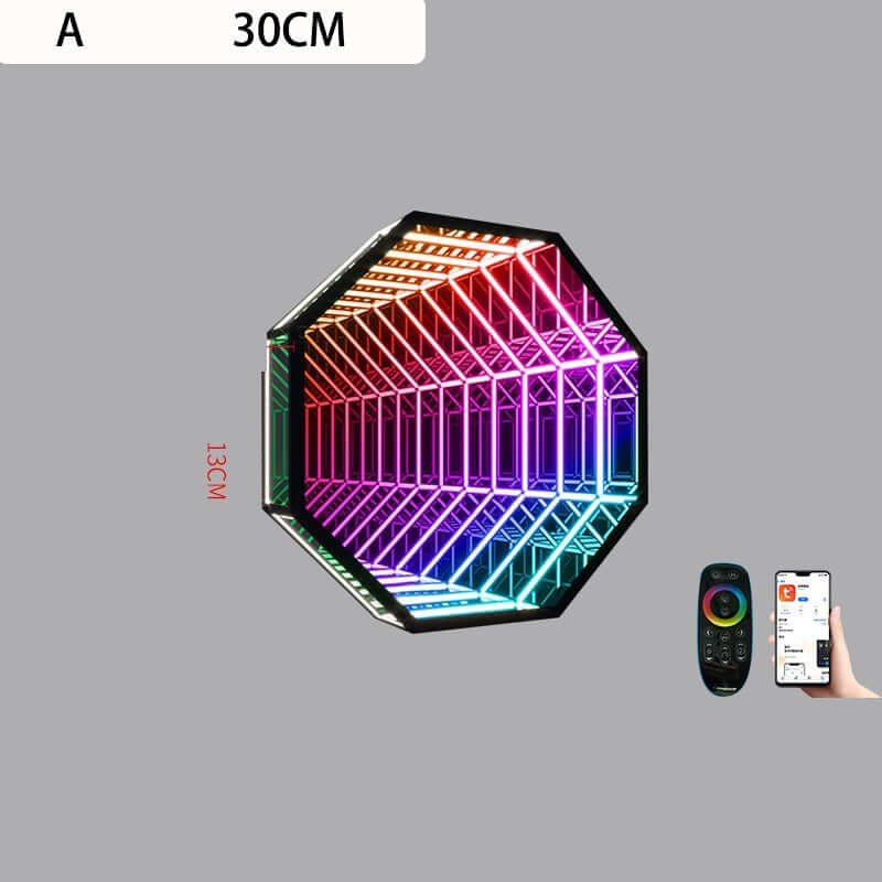Infinity Led Mirror in octagon shape with vibrant multicolor lighting and remote control for enhanced decor.