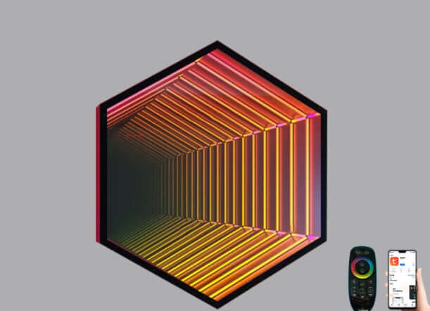 Infinity LED Mirror showcasing vibrant colors and remote control for easy lighting adjustments.