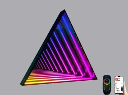Infinity Led Mirror in a vibrant triangular design with remote control, enhancing modern home decor.