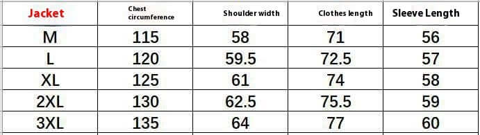 Jacket size chart with measurements for chest circumference, shoulder width, clothes length, and sleeve length in sizes M to 3XL.