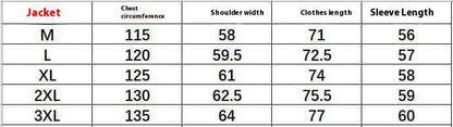 Jacket size chart with measurements for chest circumference, shoulder width, clothes length, and sleeve length in sizes M to 3XL.