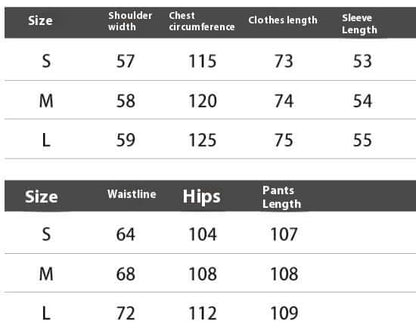 Size chart for jumpsuit with chiffon, detailing shoulder width, chest circumference, clothes length, sleeve length, waistline, and hips.