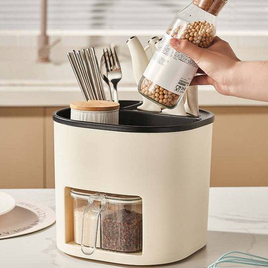 Practical Kitchen Storage Box Set with compartments for utensils and spices, promoting organization in your kitchen.