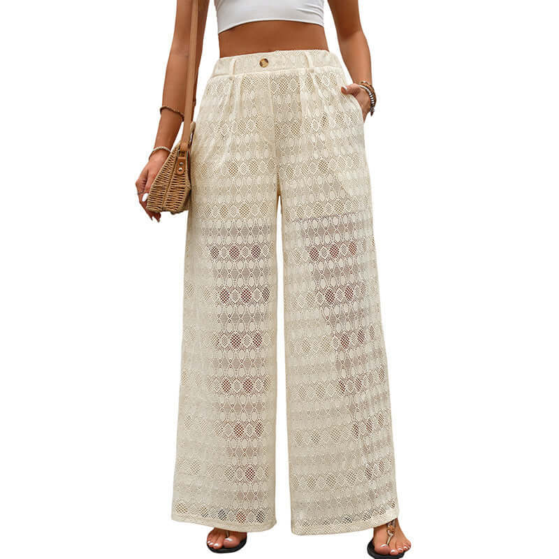 Apricot lace wide leg trousers with high waist, offering a stylish and comfortable fit for modern women seeking elegance and ease.