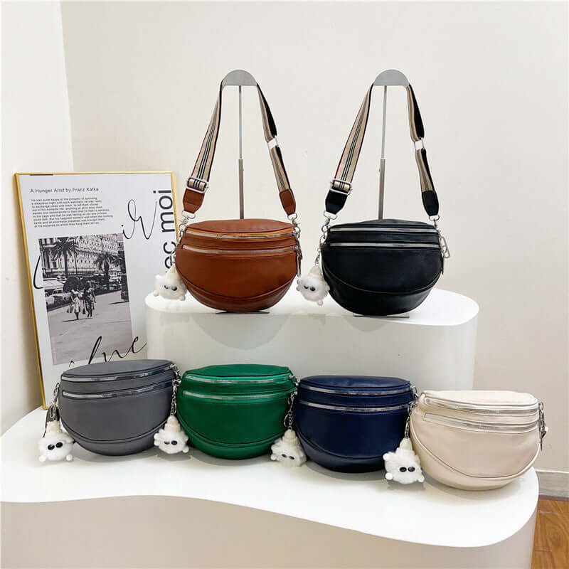 Collection of Ladies Chest Bags in various colors, featuring PU material with slit pockets and adjustable straps for urban simplicity.