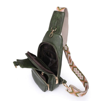 Elegant green Ladies Cross Shoulder Bag with adjustable patterned strap and spacious compartments, made of durable PU leather.