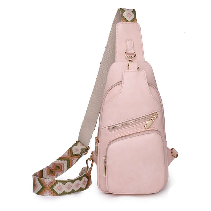 Pink Ladies Cross Shoulder Bag made of high-quality PU leather with a stylish patterned strap, ideal for adding elegance to any outfit.