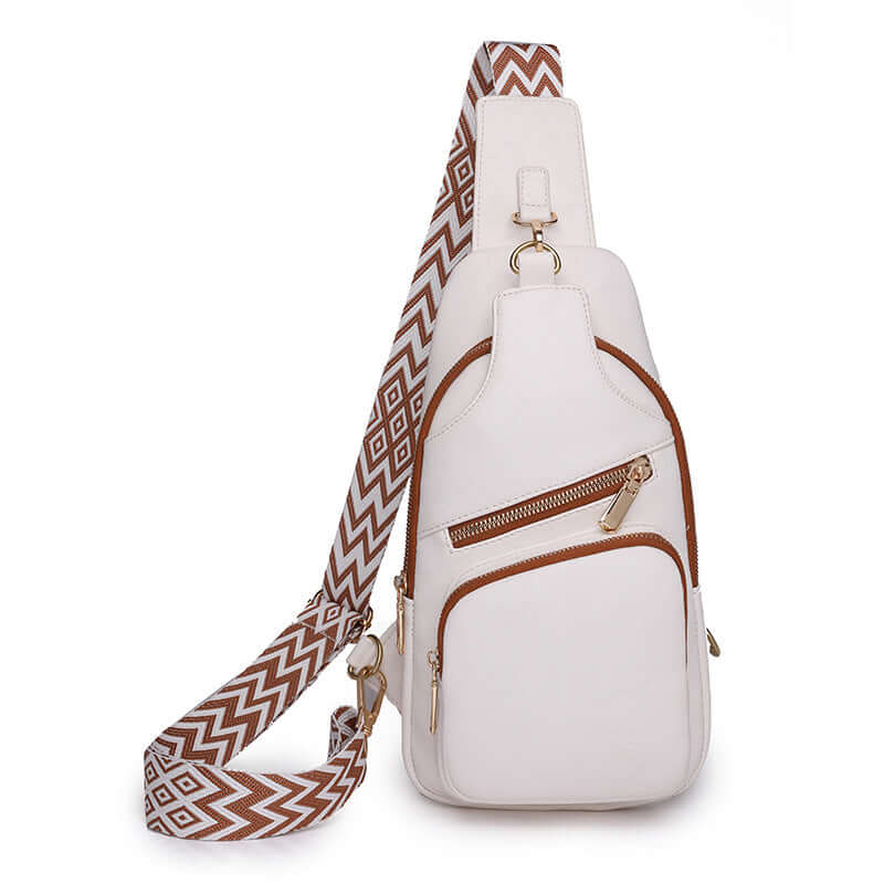 Ladies Cross Shoulder Bag in white PU leather with patterned strap, offering elegance and functionality for everyday use.