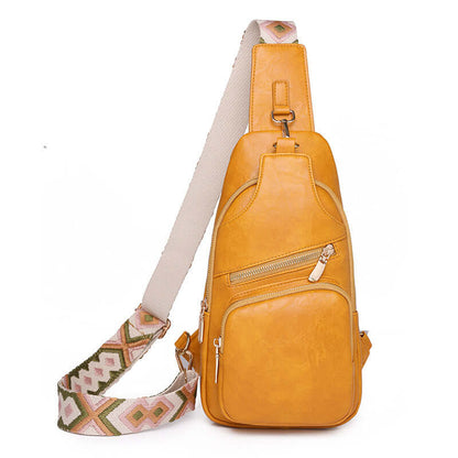 Turmeric Ladies Cross Shoulder Bag with patterned strap, made from durable PU leather for elegance and functionality.