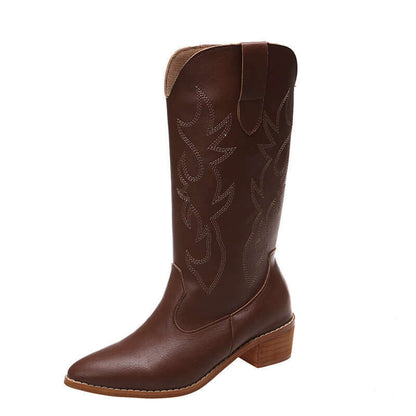 Brown Ladies Mid Calf Cowboy Boot with chunky heel and embossed patterns, offering classic western style and comfort for any occasion.